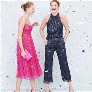 JCrew Halter Tie-neck top in metallic blue lace